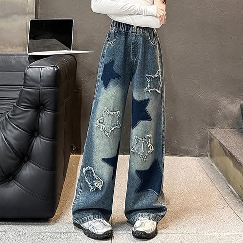 Kids Girls Star Jeans Baggy Elastic Waist Wide Leg Denim Pants Buttons Casual Preppy Streetwear Trousers with Pockets thumbnail 4