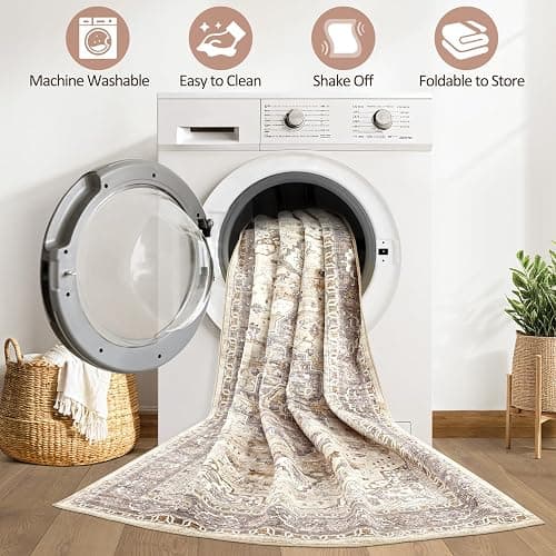 8x10 Area Rugs Living Room: Washable Boho Large Neutral Vintage Soft Rug Stain Resistant Farmhouse Non Slip Indoor Floor Carpet for Bedroom Nursery Kids Playroom Office Dining Room Home Decor- Brown thumbnail 2