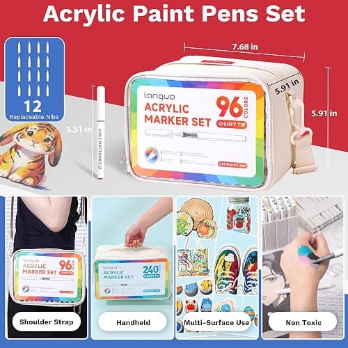 Hopesky 96 Colors Acrylic Paint Markers - Brush Tip Vibrant Multi Surface Acrylic Paint Pens Set for Adult Artists, Brush Markers Set with Organizing Case Perfect for Fabric Glass Wood DIY Crafts thumbnail 2