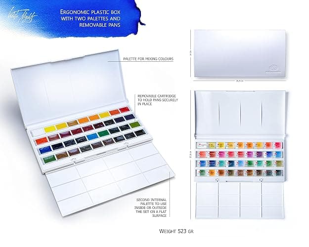 White Nights russische Künstler-Aquarellfarben im Set, 36 Farben in ganzen Näpfchen im Kunststoffkasten, hohe Brillanz und Leuchtkraft thumbnail 2