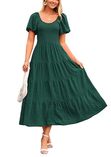 PRETTYGARDEN Women's Summer Casual Midi Dress Puff Sleeve Swiss Dot Long Flowy A Line Dresses - Image 1