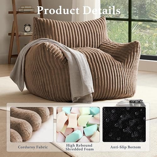 Giant Plush Bean Bag Chair for Adults with Armrests - Oversized Comfy Khaki Beanbag Lounge Lazy Floor Sofa Chair for Living Room, Bedroom & Dorm, Cozy Fluffy Single Cloud Mini Couch - XL Sofa Chair - Khaki thumbnail 3