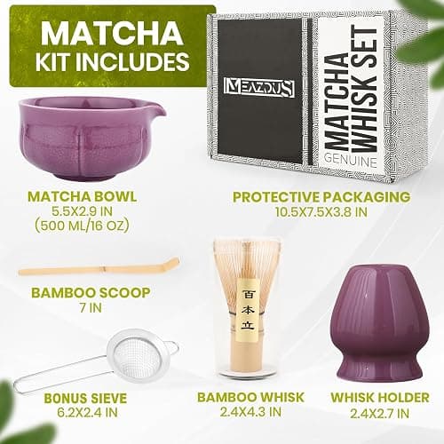 MEAZDUS Matcha Whisk Set – 5 Piece Japanese Matcha Tea Set w/Ceramic Matcha Bowl, 100-Prong Bamboo Whisk & Holder, Scoop, & Stainless Sifter – Traditional Matcha Making Kit (Midnight Purple) thumbnail 2
