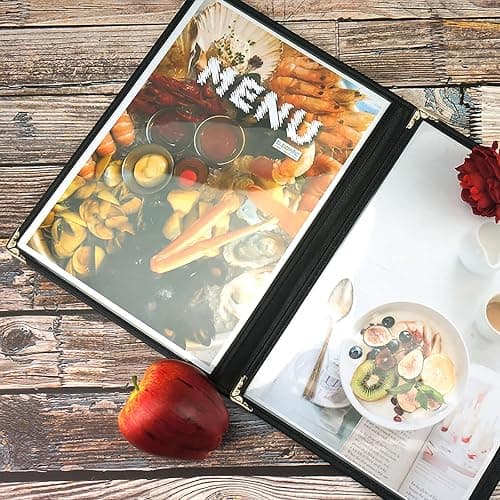 Nicunom 12 Pcak Restaurant Menu Covers, 8.5 X 11 Inch Menu Covers, 2 Page 4 View Transparent Menu Holders for Bar Cafe Restaurant, Double Stitched Edge thumbnail 7