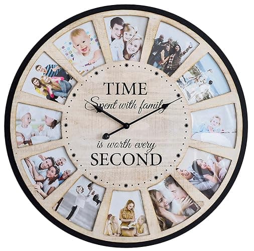 JUMBO HUMBLE 12 Photo Collage Rustic Wood Farmhouse Wall Clock, Large Family Picture Wall Clock for Living Room, Home, Kitchen, Silent Battery Powered 24 Inch Natural - Image 1