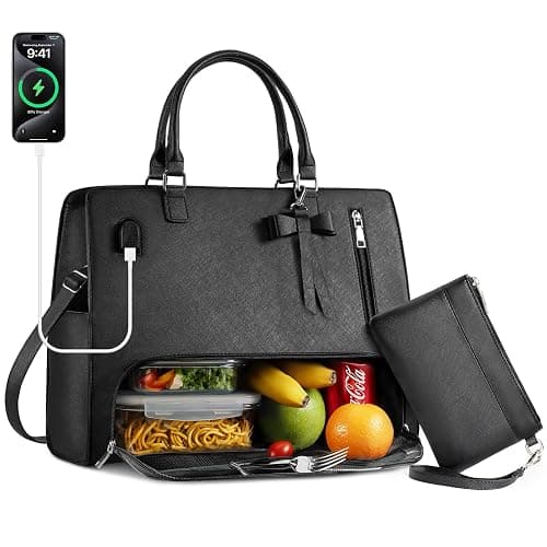 Lunch Tote Bag for Women 2 in 1 Laptop Work Bag with Lunch Insulated Compartment and Purse Combo Waterproof PU Leather 15.6 Inch Computer Crossbody and Shoulder Bag for Daily, Office, Picnic. Black - Image 1