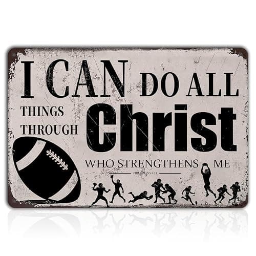 Football Wall Decor for Boys – “I Can Do All Things Through Christ” Inspirational Tin Sign – Christian Sports Room Art for Kids Bedroom or Locker Room, 8x12 Metal Football Sign thumbnail 6