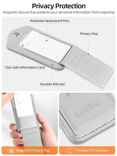 Luggage Tags, Works with Apple Find My, Leather Suitcase Tag, Rechargeable | Luggage Tag for Suitcases, Travel Bags, Backpack, Bag Tags for Travel with Privacy Flap, Smart Luggage Tracker, Gray thumbnail 6