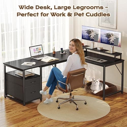 PRAISUN 55 Inch L Shaped Desk with Power Outlets and USB-C Port, Computer Corner Home Office Desk with File Fabric Drawers and Movable Monitor Stand, Larger Storage for Gaming, Work, Black thumbnail 7