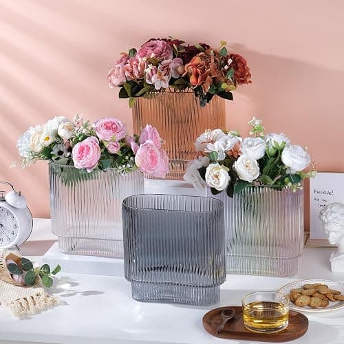 VanEnjoy Ribbed Glass Vase, Gray Colored Fluted Vase, Big Modern Glass Vase, Unique Oblong Ribbed Vase for Flowers, Round Glass Vases for Centerpieces thumbnail 6