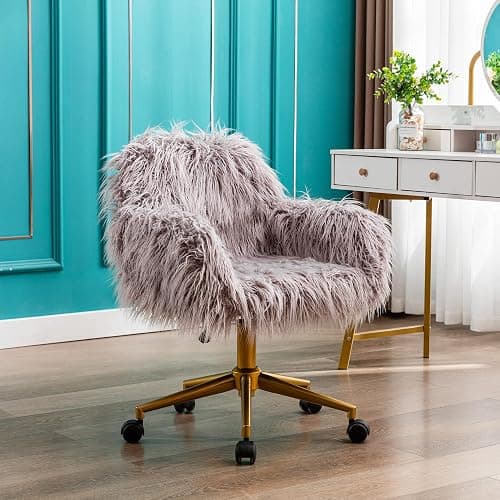 KCC Fluffy Office Desk Chair, Faux Fur Modern Swivel Armchair with Wheels, Soft Comfy Fuzzy Elegant Accent Makeup Vanity Chairs for Women Girls, Home Living Dressing Room Bedroom, Gray thumbnail 9