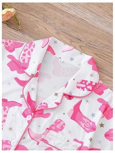 WDIRARA Women's 2 Piece Boots Graphic Pajama Set Pocket Patched Button Down Shirt with Shorts Satin Sleepwear thumbnail 3