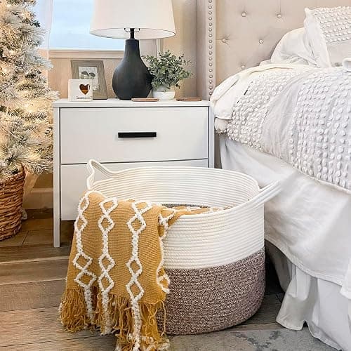 INDRESSME XXXLarge Cotton Rope Basket 21.7" x 21.7" x 13.8" Woven Baby Laundry Blanket Baskets Toy Burr Basket with Handle Storage Comforter Cushions for Christmas Thread Laundry Hamper thumbnail 4