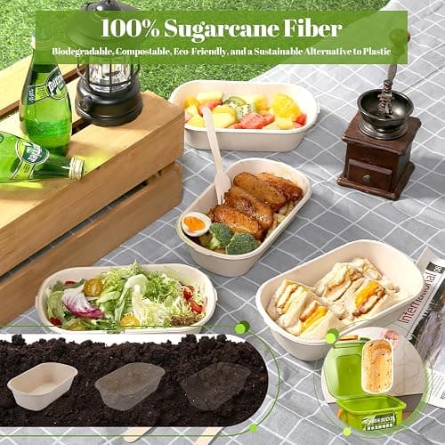 [100% Eco-Friendly] 34 oz Disposable Food Containers with Lids – Sugarcane Pulp Take Out Containers, Biodegradable Lunch Box, Compostable and Microwave Safe To-Go Boxes for Meal Prep – Pack of 50 thumbnail 5