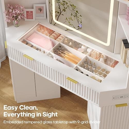HAUOMS Corner Vanity, with Bag Showcase, LED Lights, Fluted Wood Luxury Makeup Vanity Desk with Mirror, Big Dressing Table with Glass Top, Cabinets, Shelves, Drawers, Charging Station, White thumbnail 8