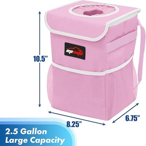 EPAuto Waterproof Car Trash Can with Lid and Storage Pockets, 2.5 Gallon Leakproof, Pink thumbnail 2
