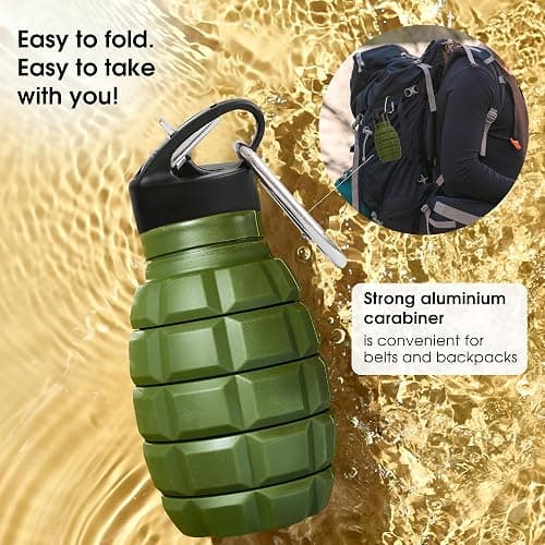YARO Collapsible Water Bottles, 20oz Water Bottle with 2 Lids and Carabiner, Green Travel Water Bottle, Silicone Water Bottle BPA-Free, Slim Foldable Hiking Bottle thumbnail 9