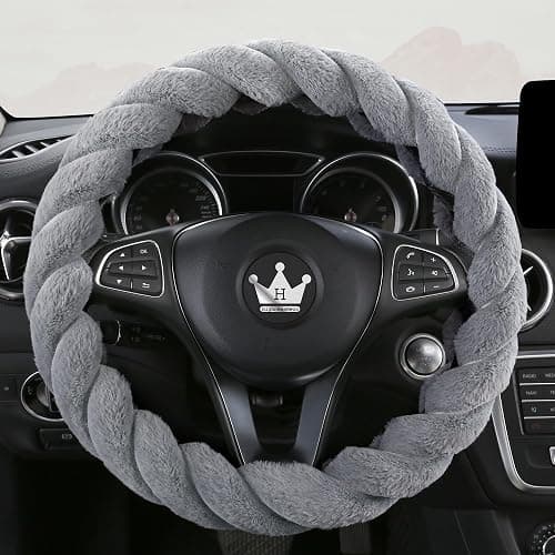 HighnessHwoo Luxury Fluffy Winter Car Steering Wheel Cover for Women Soft Warm Plush Cute Auto Accessories for Vehicle, Sedan, Universal, Fuzzy, Anti Slip, Gray, Standard Size, 14.75-15.15" - Image 1