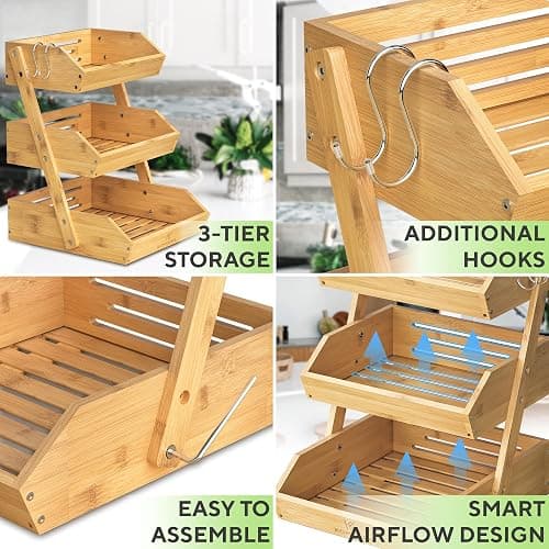 KOMFORA Bamboo Fruit Basket 3-Tier - Premium Produce Basket for Kitchen w/ 2 Hangers - Durable & Easy to Assemble Stand for Countertop - Perfect Holder for Vegetables, Bread, Snacks & More thumbnail 5