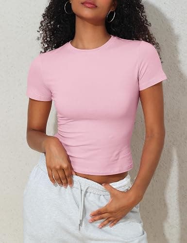 PrettyGuide Women's Crew Neck Short Sleeve Summer Basic Tee Tight Fit Cotton Jersey T Shirt Y2K Going Out Tops thumbnail 2