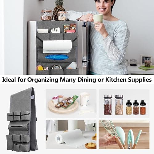 Rexmica Mini Fridge Organizer, Dust Cover with 14 Pockets for Most Household Refrigerators, Hanging Mini Fridge Caddy Organizer Storage Bag for Dorm, Office, Kitchen, Home, School, Gray thumbnail 7