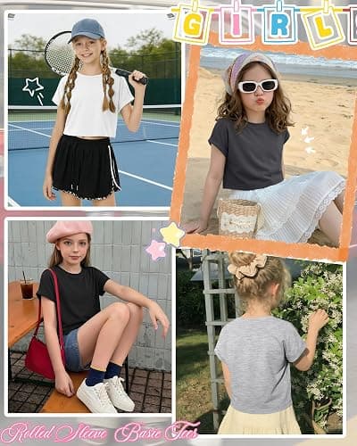 Mumucove 4 Pack Girls Crop Tops Kids Short Rolled Sleeve Shirts Loose Crew Neck Casual T-Shirts Cute Basic Summer Tees thumbnail 3