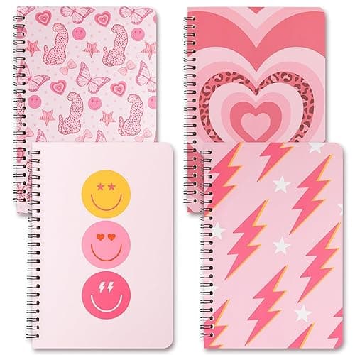 L1rabe 4 A5 Preppy Spiral Notebooks Back to School Y2K Notepads Travel Journal for Kids Teens First Day of School Cute Pink Smile Hardbound College Ruled Exercise Book for Girls School Office Supplies