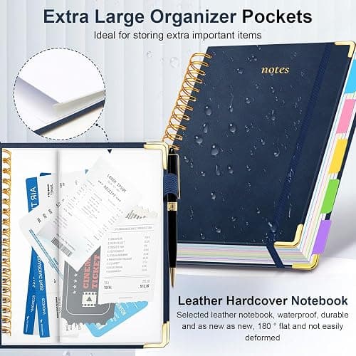 Hardcover Spiral Notebook 8"x10" Journal Notebook with Tabs and Removable Dividers 300 Pages 5 Subject Notebook College Ruled, Faux Leather Spiral Bound Notebook for Women School Work (Dark Blue) thumbnail 3