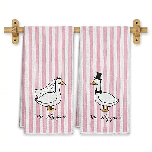 FGFK Mr and Mrs Goose Pink Striped Kitchen Towels 16x24 Inch, Wedding Gifts for Couples Newlyweds Dish Tea Towels for Kitchen Decor, Just Married Gifts Decorative Hand Towel for Bathroom, Set of 2 - Image 1