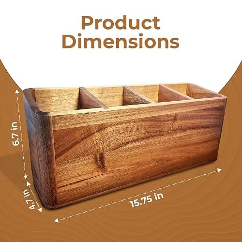 Dstuff Large Kitchen Utensil Holder Organizer for Counter or Countertop, Wooden Storage Container for Cooking and Silverware, Acacia Rustic Wood (4 Compartments) thumbnail 3