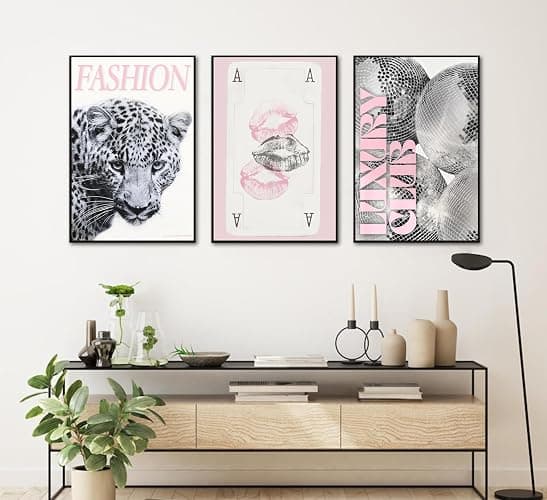 Pink Trendy Leopard Preppy Wall Art Funky Black Cheetah Picture Wall Decor Luxury Club Fashion Disco Ball Ace of Spades Painting Aesthetic Poster Print Artwork for Living Room Bedroom Dorm Apartment thumbnail 7