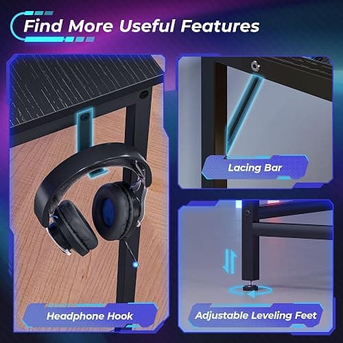 Huuger L Shaped Gaming Desk with Power Outlets & LED Lights, Computer Desk with Monitor Shelves, Home Office Desk, Corner Gaming Desk with Hooks, Black thumbnail 7