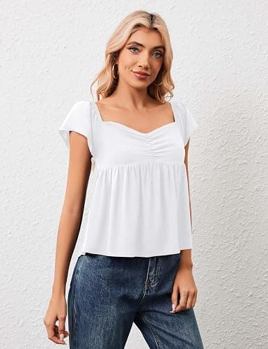 HOCANDY Womens Flowy Peplum Tank Tops Ruffle Sleeve Babydoll Tank Top Sweetheart Neck Smocked Back Short Sleeve Going Out Top thumbnail 5