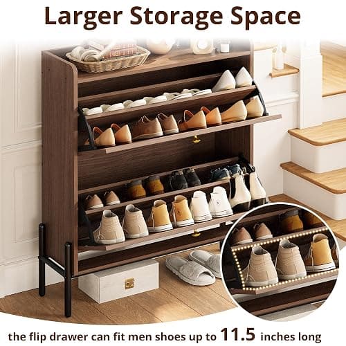 IRONCK Shoe Cabinet Storage with 2 Flip Drawers, Free Standing Wooden Shoe Storage Organizer Cabinet with Rattan Doors for Entryway, Narrow Shoe Rack Cabinet, Walnut thumbnail 8
