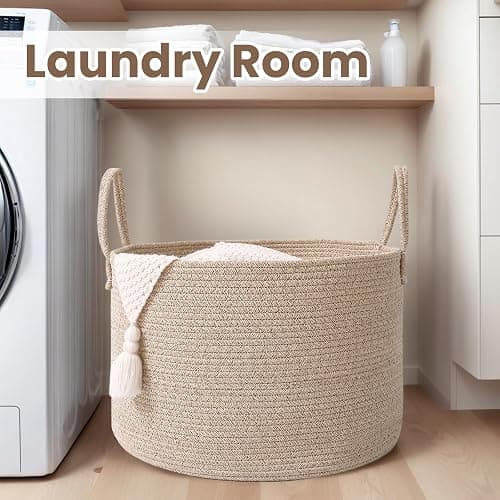 JMvicyroam Woven Blanket Basket,65L Large Rope Storage Bin with Handles, Organizer for Blankets Toys Book and Clothes, Laundry Basket for Living Room Bedroom Nursery,Oatmeal thumbnail 2