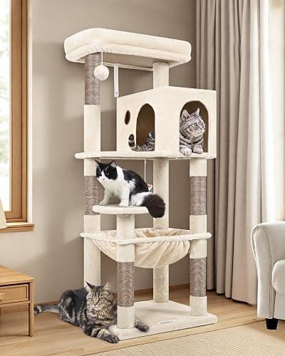 Globlazer Cat Tree Tower with Scratching Post for Indoor Cats, 53inch Tall Plush Multi-Level Cat Climbing Tower Condo House with Large Hammock, Spacious Cat Cave, Big Padded Top Perch Bed, F53, Beige - Image 1