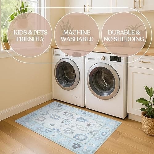 Fame Living Cream Blue Oushak Rug, Modern, Vintage, Turkish, Eclectic, Floral, Pastel, Washable, Area Rugs for Living Room, Dining, Bedroom, Office, Entryway, Foyer, Playroom, Nursery, 5'x6'9" thumbnail 6