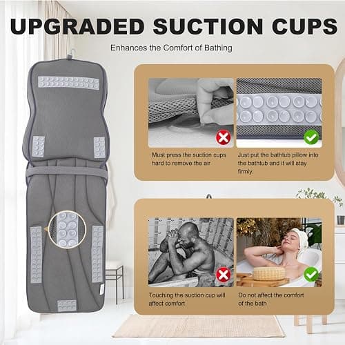 Extra Long Thick Full Body Bath Pillow for Tub with Lumbar Pillow- Luxury 4D Air Mesh Bathtub Pillow with Head, Shoulder & Back Support, Non-Slip Bath Cushion with Suction Cups (Gray) thumbnail 4