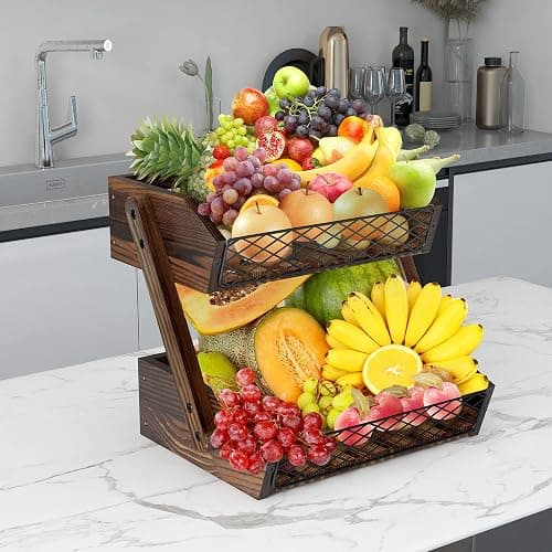 Dorhors Fruit Basket for Kitchen Counter Organizer,Fruit Bowl Stand Storage | 2 tier Rustic Brown Vegetable Holder,Wood Bread Display Rack,Kitchen Countertop Organizer Shelf for Snack,Onion,Banana,Potato thumbnail 2