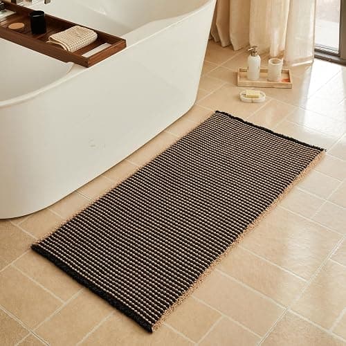 Triohero Waffle Bath Mat, Boho Bathroom Rugs Non Slip Washable, Ultra Soft Super Absorbent Quick Dry Farmhouse Bathroom Decor, 24" x 48", Black & Khaki - Image 1