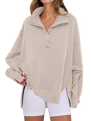 ANRABESS Women's Sweatshirts Oversized Casual Loose Button Up Henley Pullover Top High Low Split 2025 Fall Fashion Outfits - Image 1