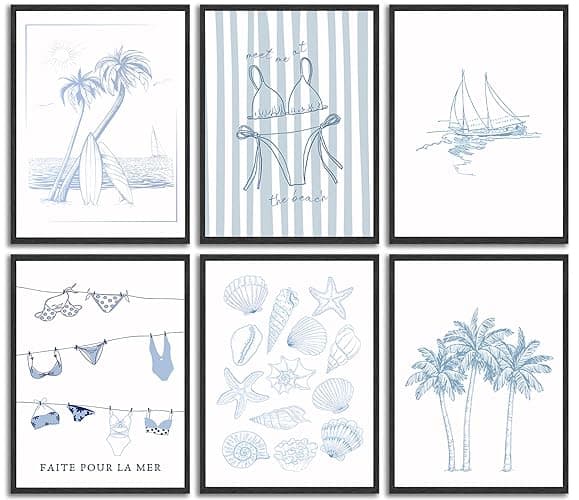 6Pcs Bikini Coastal Granddaughter Canvas Wall Art Blue Shell boat Poster Prints Paintings Preppy College Style Wall Decor Pictures for Teenage Girls living room Dormitor Bedroo Decoration Unframed - coastal-1 - 8x10in-Posters