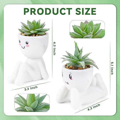 Der Rose 2 Pack Fake Plants in White Pots with Face Decals for Desk Decor | Customizable face stickers, playful sculptural planters,suitable for office desk bathroom shelf bedroom decor thumbnail 3
