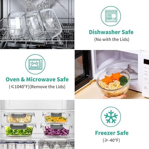 34pcs Glass Food Storage Containers with Lids Set, Airtight Glass Meal Prep Containers (17 Containers & 17 Lids), Leak Proof Lunch Container BPA-Free, Microwave, Oven, Freezer, Dishwasher Safe-Grey thumbnail 4