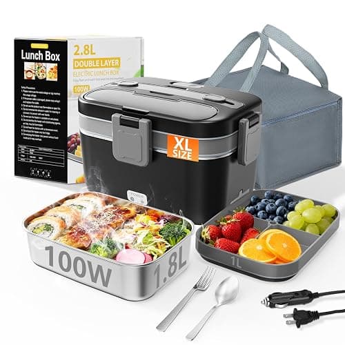Electric Lunch Box for Adults, 2.8L Double Layer 100W Fast Heated Lunch Box, Heating Food Heater Warmer for Home Office Car Truck Use, Extra Large Lonchera Electrica Portátil 12/24V/110-230V, Black - Image 1