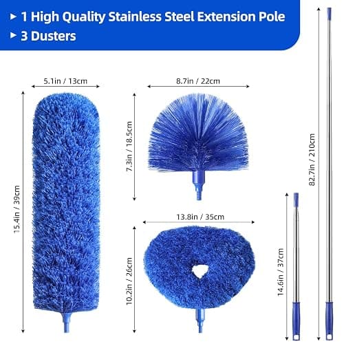 Microfiber Duster for High Ceiling Fan Blades, Cobweb with Extension Pole Adjusts 15-82 Inch, Reusable Cleaning Duster Kit with 3 Duster Heads for Wall Blinds Door Furniture Bookshelves (Blue) thumbnail 2