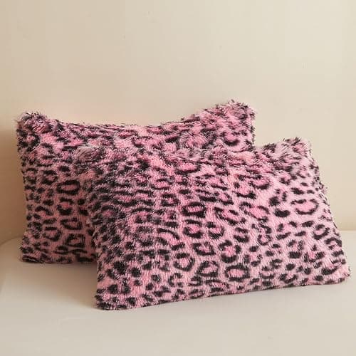 XeGe Cheetah Print Faux Fur Fluffy Pillowcases, Plush Shaggy Soft Long Pillow Covers, Fuzzy Leopard Print Pillow Cases, Furry Pillow Shams with Zipper for Bed Couch, 2 Pack(Standard, Black and Pink) - Image 1