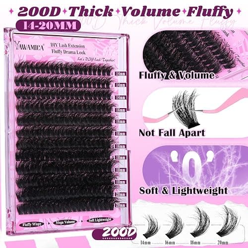 Yawamica Fluffier Lash Extension Kit Thick 200D Volume Eyelash Extension Kit 14-20mm Wispy Lash Clusters Kit D Curly Individual Lashes with Bond and Seal lash Tweezers DIY Cluster Eyelash Extensions thumbnail 4