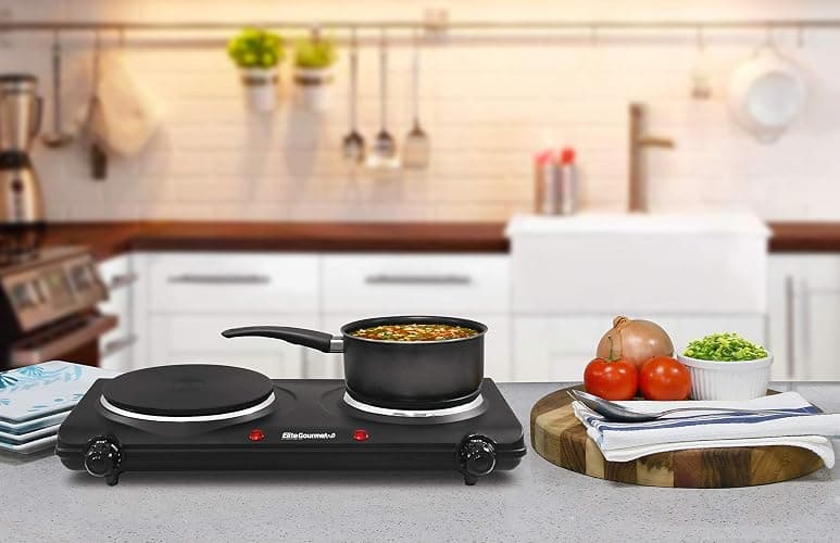 Elite Gourmet EDB-302BF Countertop Double Cast Iron Burner, 1500 Watts Electric Hot Plate, Temperature Controls, Power Indicator Lights, Easy to Clean, Black thumbnail 2