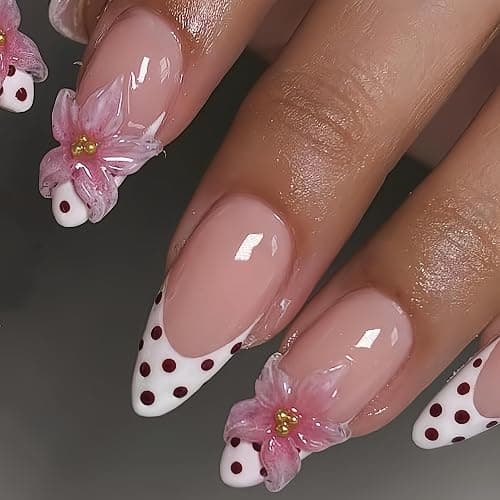 24Pcs Press On Nails Almond Medium Nude Fake Nails White French Tips with 3D Flower Pink Polka Dot Design Floral False Nails Glossy Full Cover Stick on Nails Reusable Glue on Nails for Women Manicure thumbnail 3
